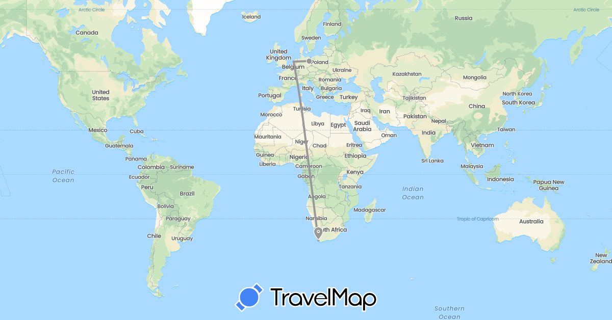 TravelMap itinerary: driving, plane in Germany, Netherlands, South Africa (Africa, Europe)